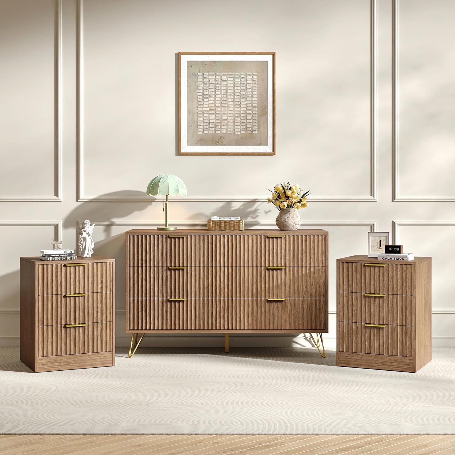 Fluted 6-Drawer Dresser & Nightstand 3-Piece Set with Golden Handles