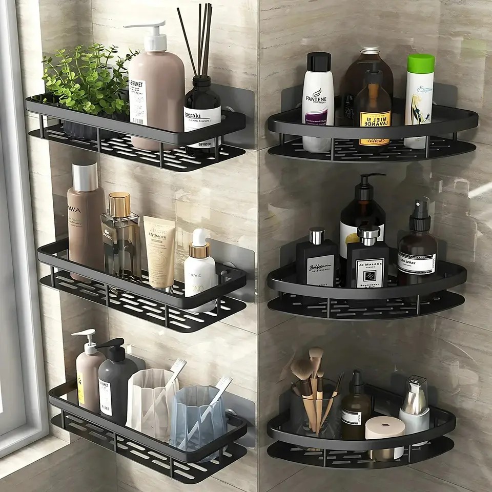 No-Drill Bathroom Shelf — Aluminum Alloy Shower Caddy & Kitchen Storage Organizer (Black)