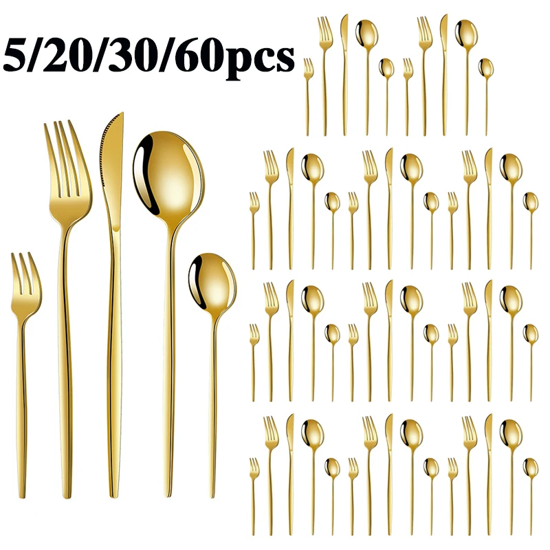 Gold Stainless Steel Flatware Set — 5/20/30/60 Piece Cutlery Set (Mirror Gold)