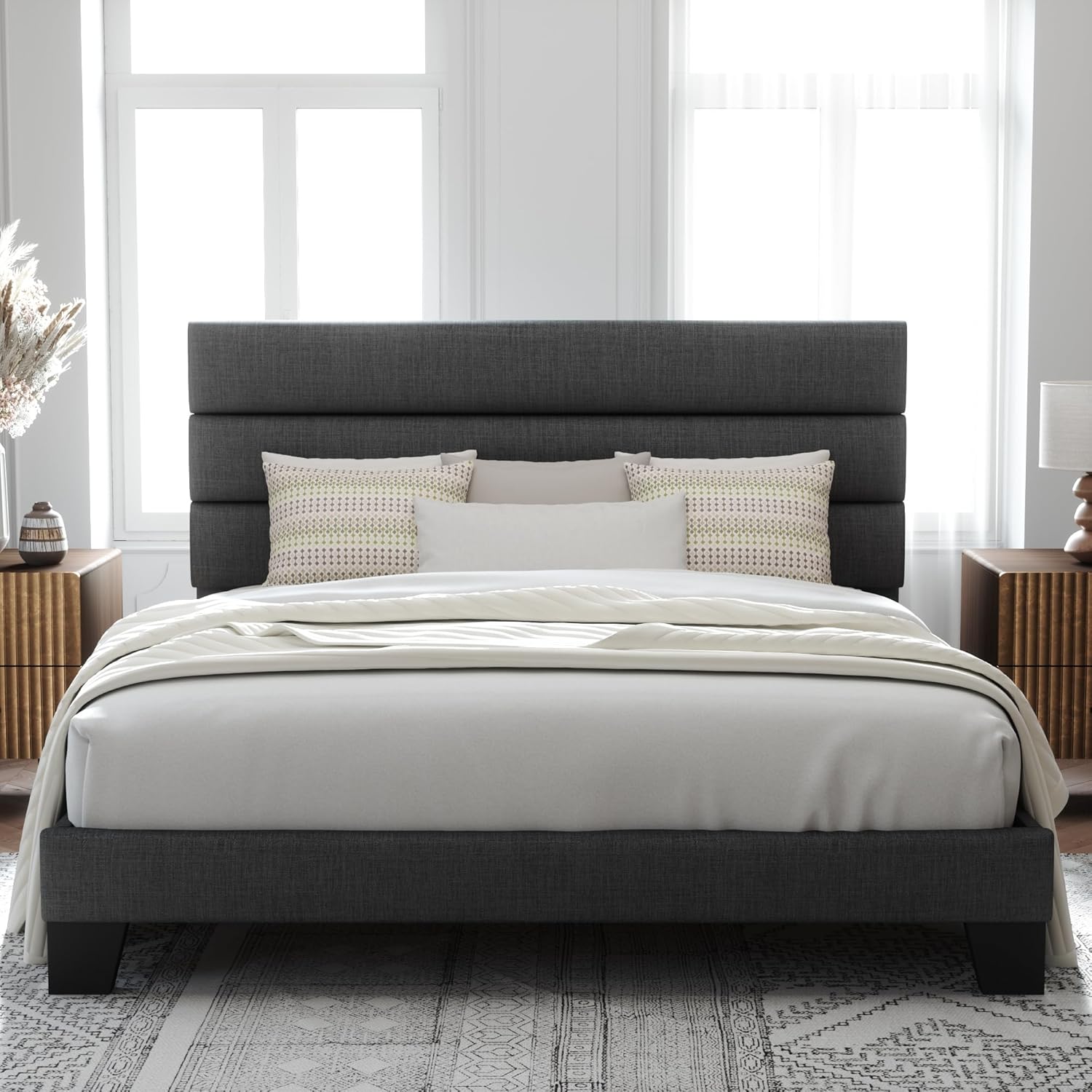 Allewie King Bed Frame Platform Bed with Fabric Upholstered Headboard and Wooden Slats Support, Fully…