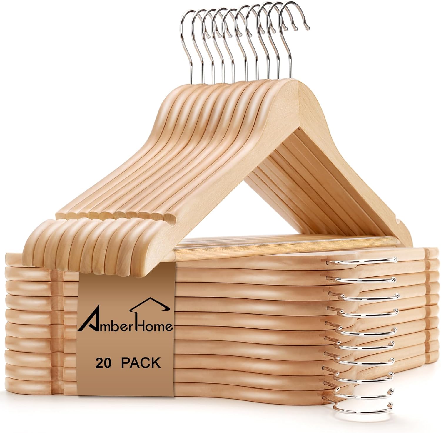 Amber Home 20 Pack Wooden Coat Hangers, Natural Wood Suit Hangers with Non-Slip Pant Bar