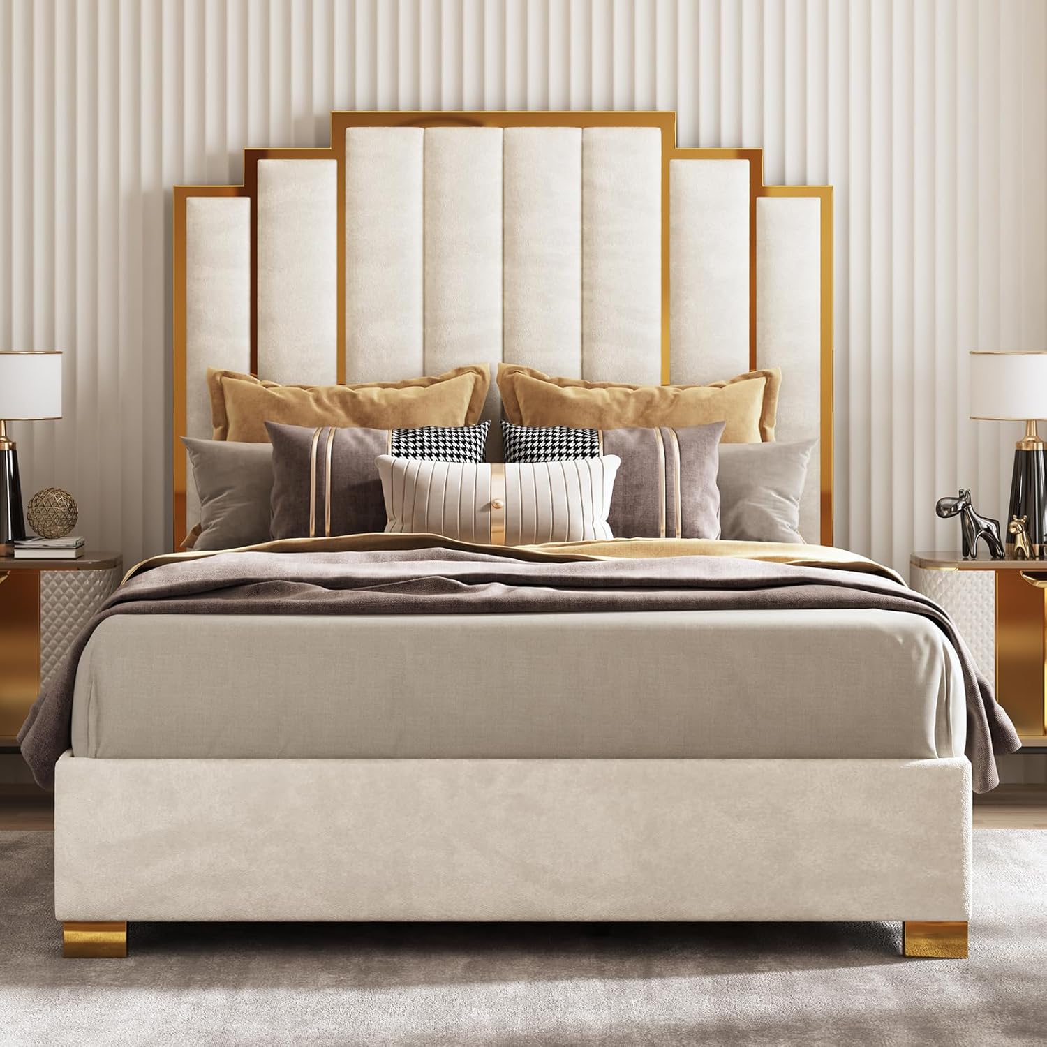 AMERLIFE Queen Size Velvet Upholstered Bed with Gold-Trim Headboard, Cream