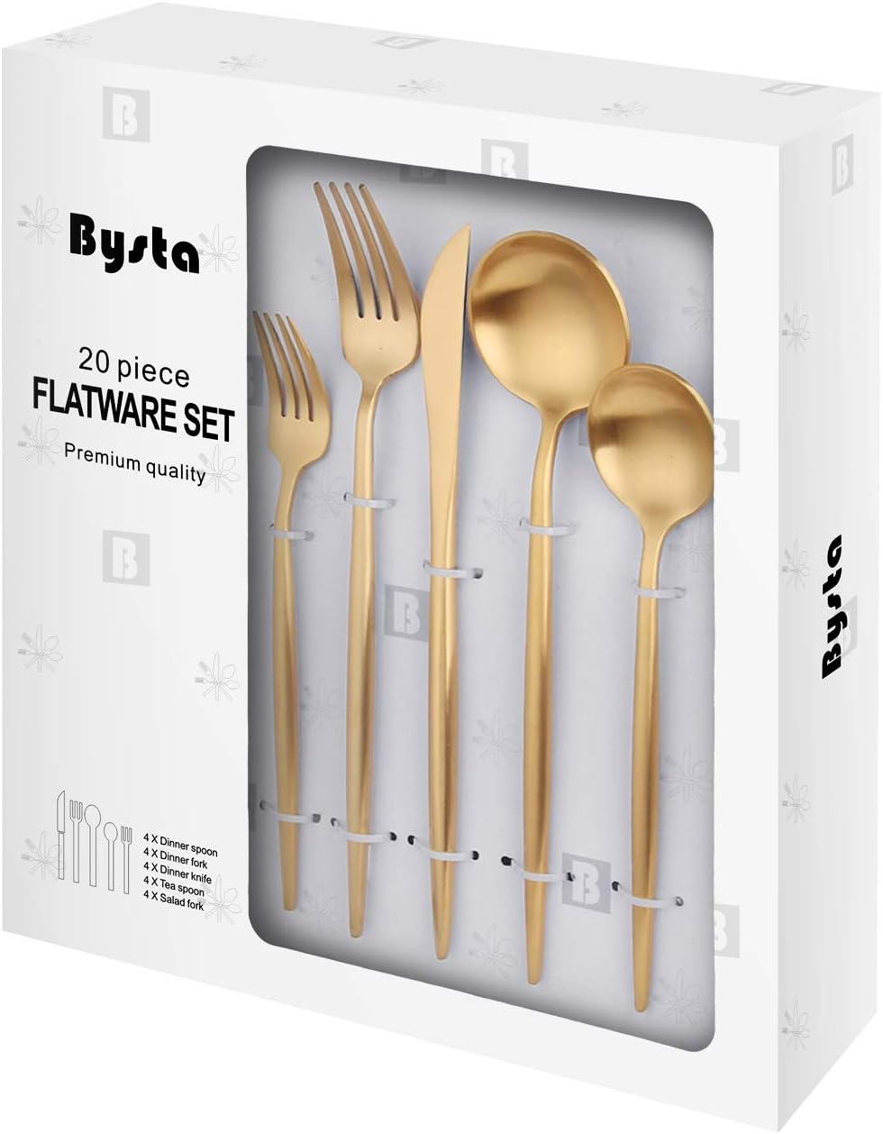 Matte Gold Silverware Set, Bysta 20-piece Stainless Steel Flatware Set Cutlery Set Service For 4, Satin Finish, Dishwasher Safe, Nice Gift Box