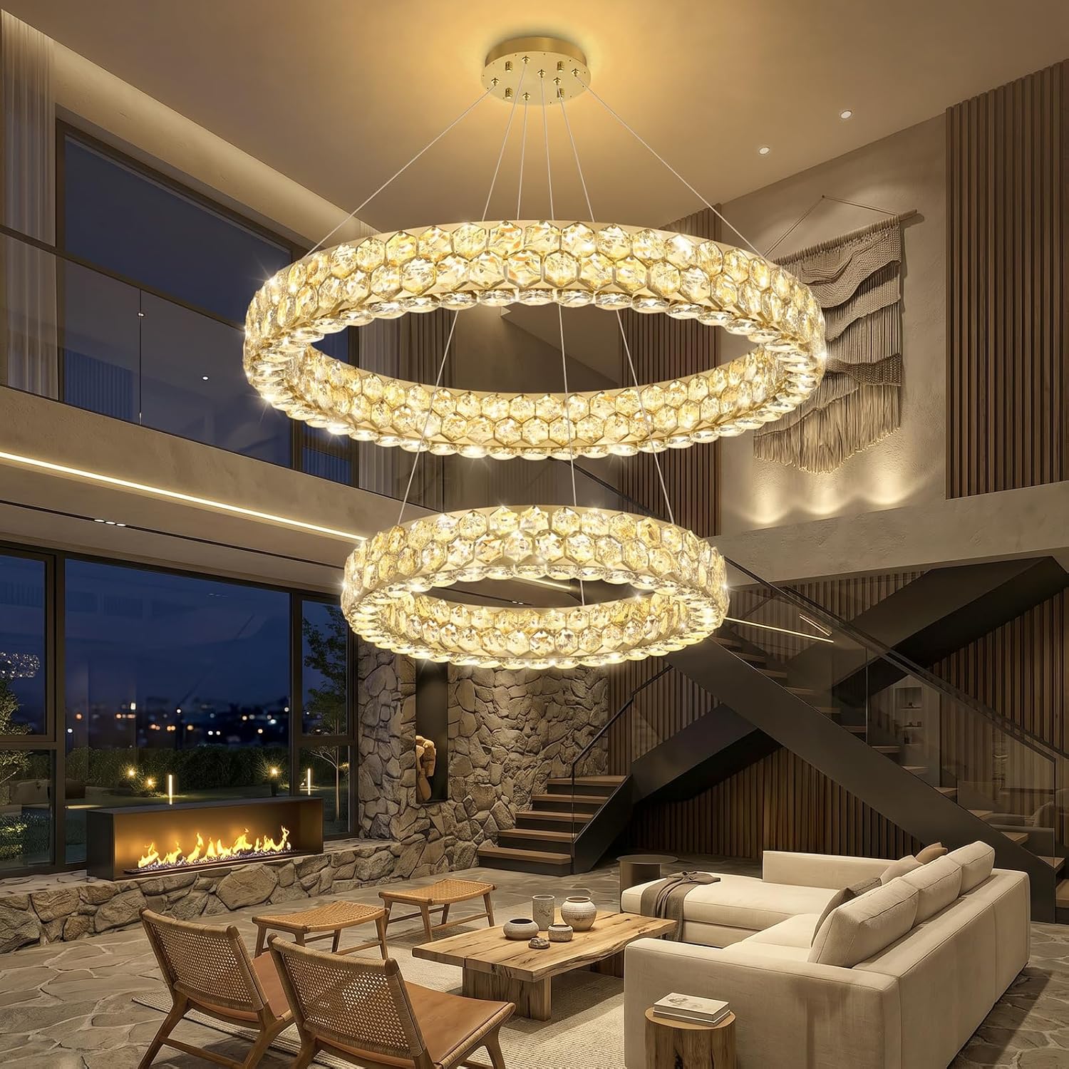 dolria Modern 2-Ring Crystal Chandelier, Round LED Ceiling Light