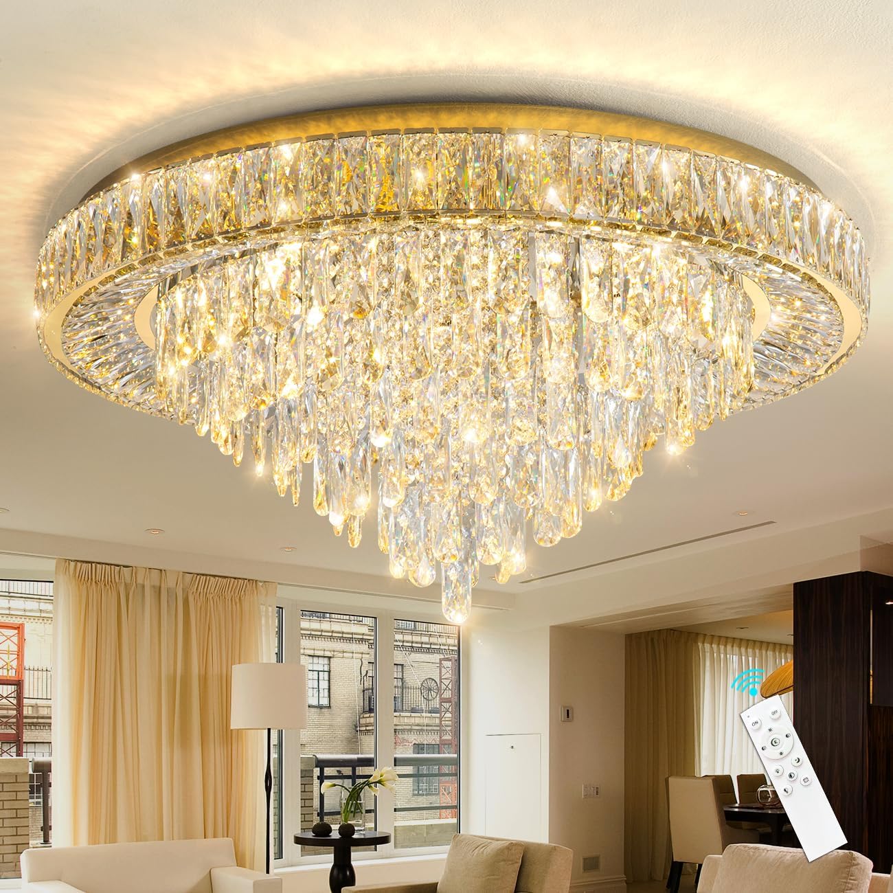 dolria Modern Crystal Chandelier, Round Tiered Ceiling Light