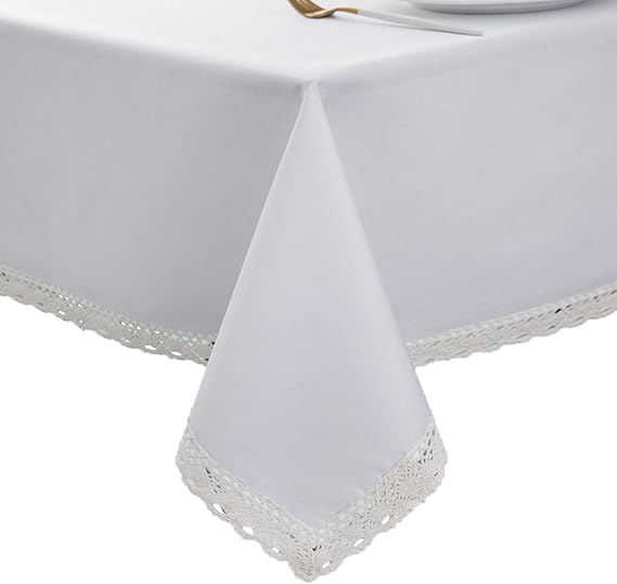 EHouseHome Faux Linen Tablecloth with Lace Trim - Waterproof/Spill Proof/Stain Resistant/Wrinkle Free/Oil Proof - for Banquet, Parties,Dinner,Kitchen,Wedding,Holiday,White Rectangle 60x84Inch