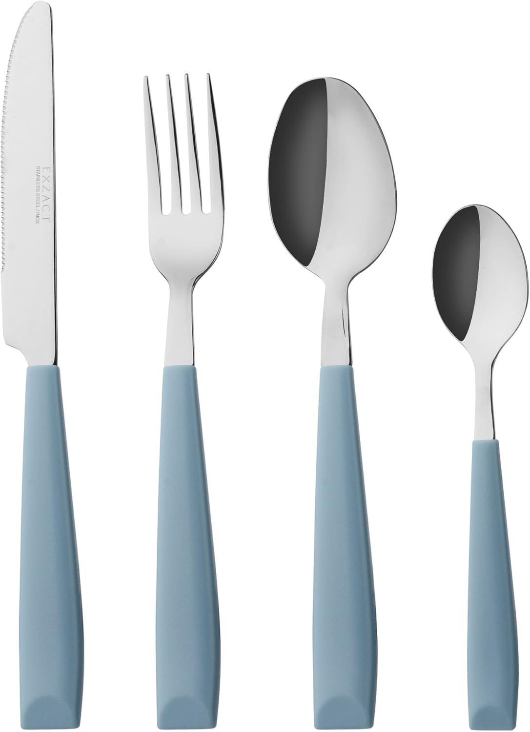 EXZACT 16 pcs Flatware Set Stainless Steel Wide Handles Serves 4 Light Blue | Dishwasher Safe BPA Free Flatware Mirror Polished Stainless Steel for Family Meals Picnics Camping Student Homes