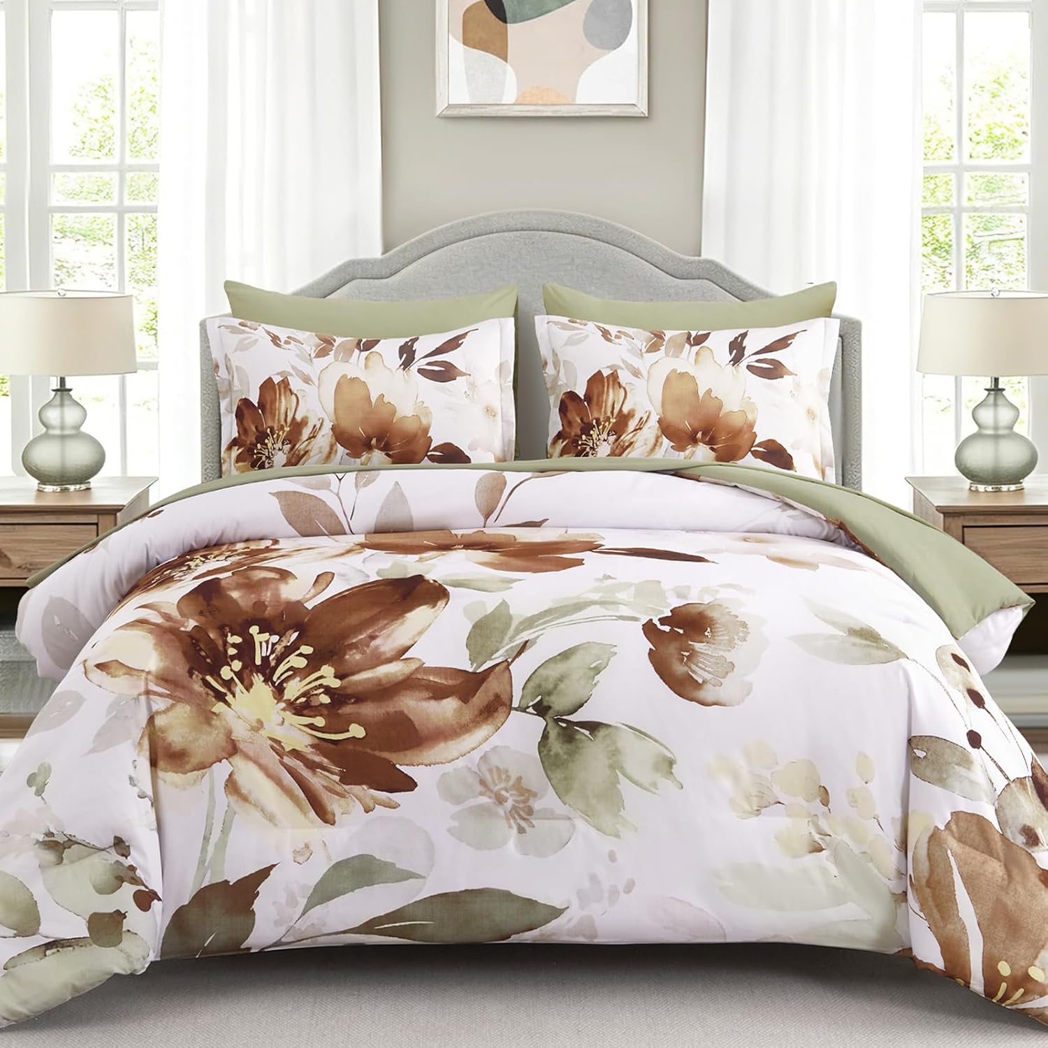 Luxudecor Floral Comforter Set King Size, 7 Piece Brown Flower Set Bed in a Bag with Green Botanical…