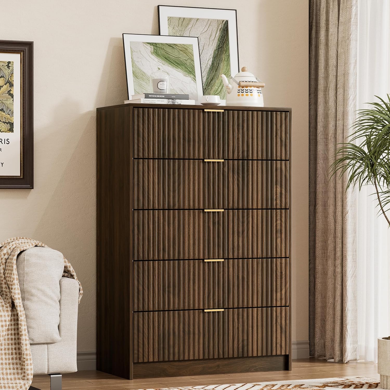Furniway Walnut Tall Dresser with 5 Drawers & Golden Handles (47.2" H)