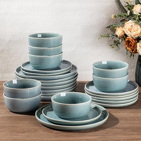 GBHOME Ceramic Dinnerware Sets for 8, 24 Pieces Stoneware Plates and Bowls Sets, Scratch Resistant Dishes, Dishwasher & Microwave Safe, Reactive Glaze-Malachite Green