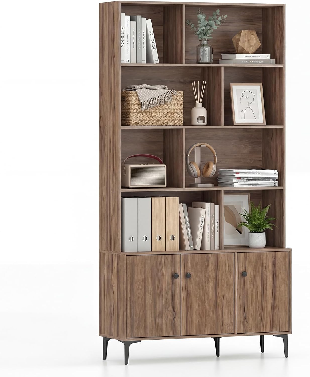 Giantex 68.5" Tall 5-Tier Bookcase with 3 Storage Cabinet Doors, Walnut