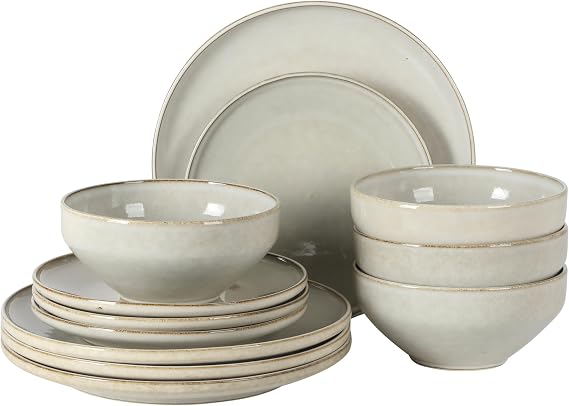 Gibson Elite White Sands Plates and Bowls Sets, 12-Piece Stoneware Dinnerware Sets, Reactive Glaze Dish Set - Moonstone White