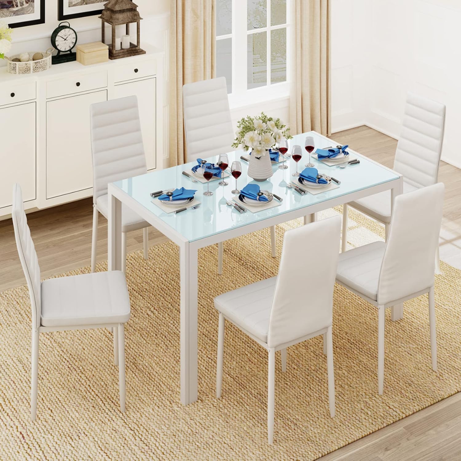 Gizoon White 7-Piece Glass Dining Table Set with 6 PU Leather Chairs