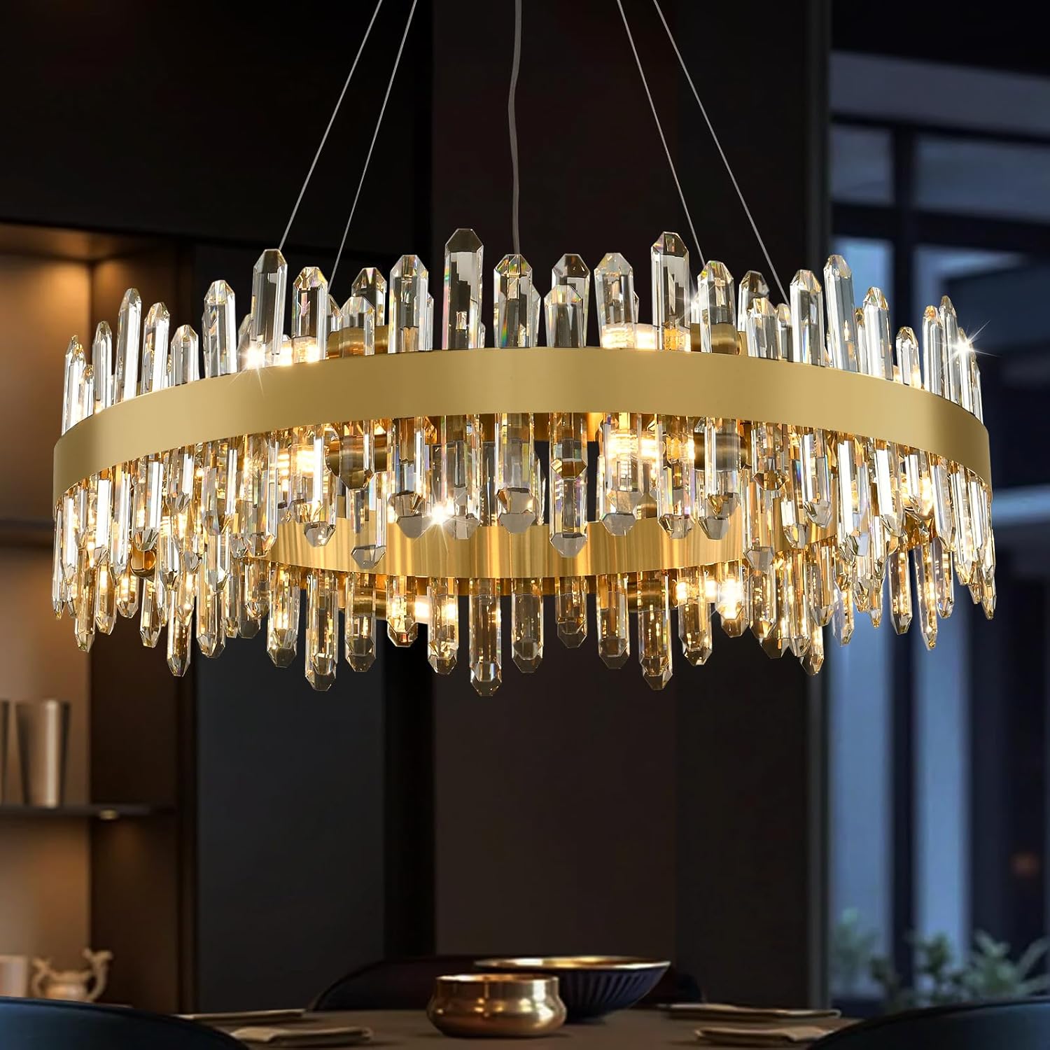 32" Gold Crystal Chandelier with Multi-Tier Cascading Crystals