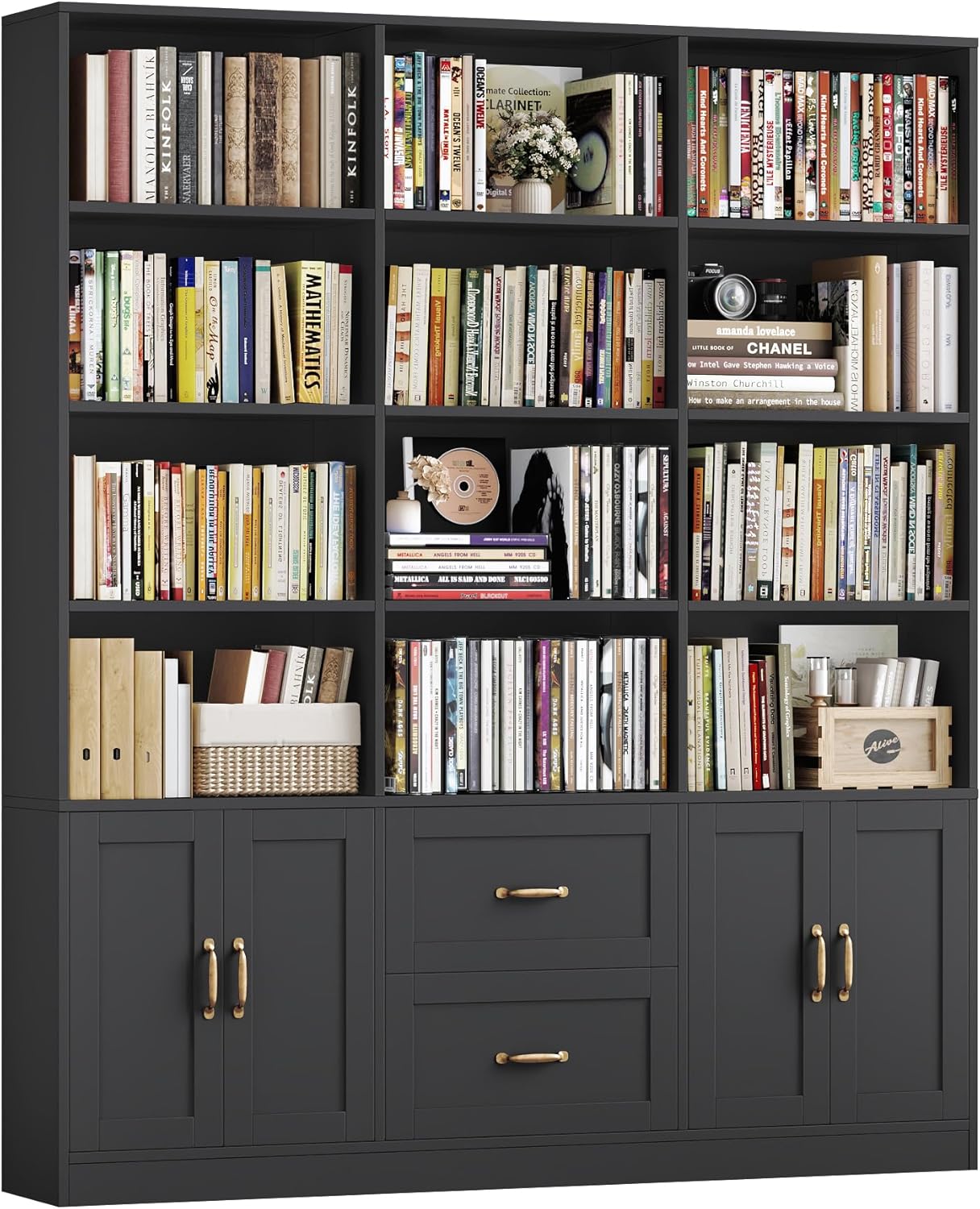 HOSTACK 71" Tall Triple-Wide 6-Tier Bookshelf with Storage Drawers & Doors, Black