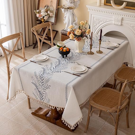 Joyfol Day Rustic Waterproof Linen Tablecloth, Heavy Weight Fern Embroidery Table Cloths for Rectangle Tables, Farmhouse Spill-Proof Table Covers with Tassels, Blue 55''x 70''