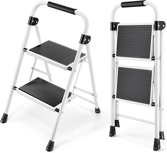 KINGRACK 2 Step Ladder, Folding Step Stool with Anti-Slip and Wide Pedal, Lightweight Stepladder with Handrails, Portable for Kitchen, Household, 330LBS, White