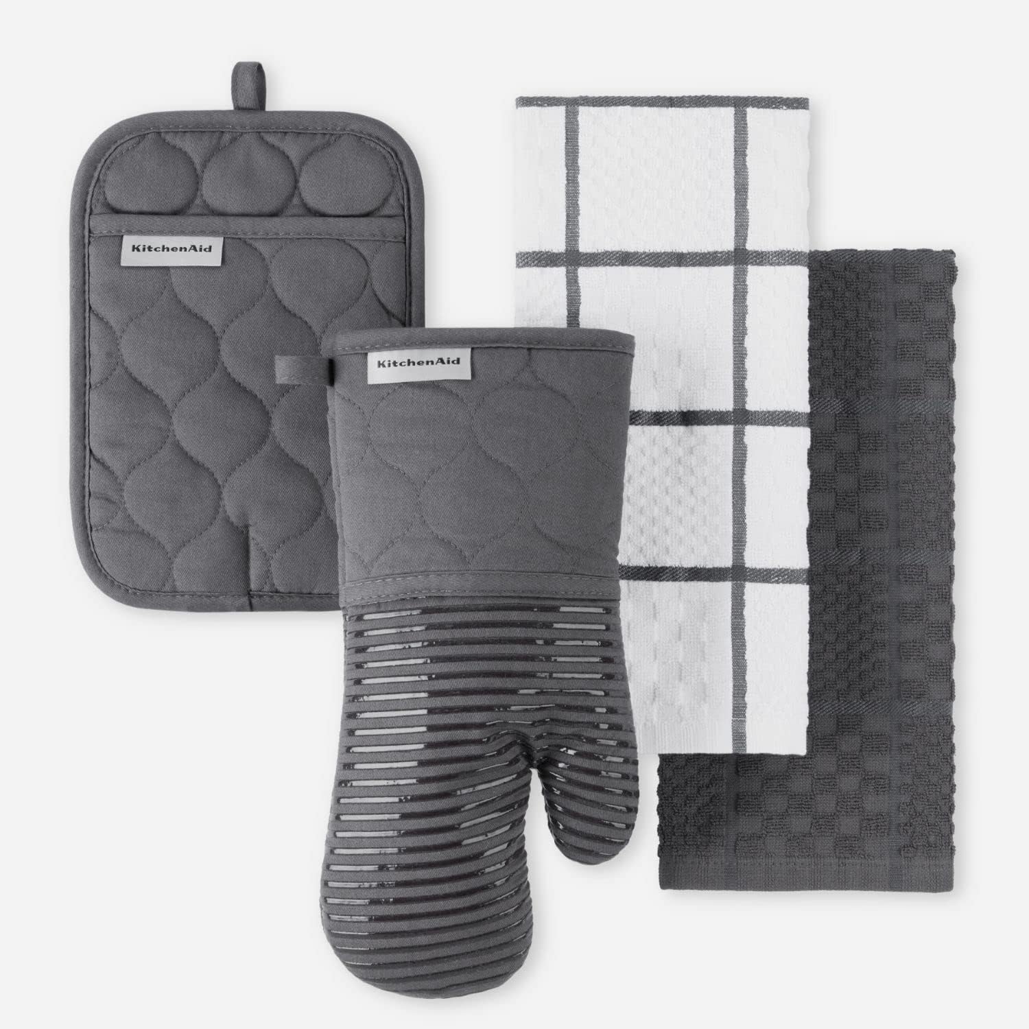 KitchenAid Quilted Cotton Terry Oven Mitt, Pot Holder and Kitchen Towel 4-Pack Set (Charcoal Grey)