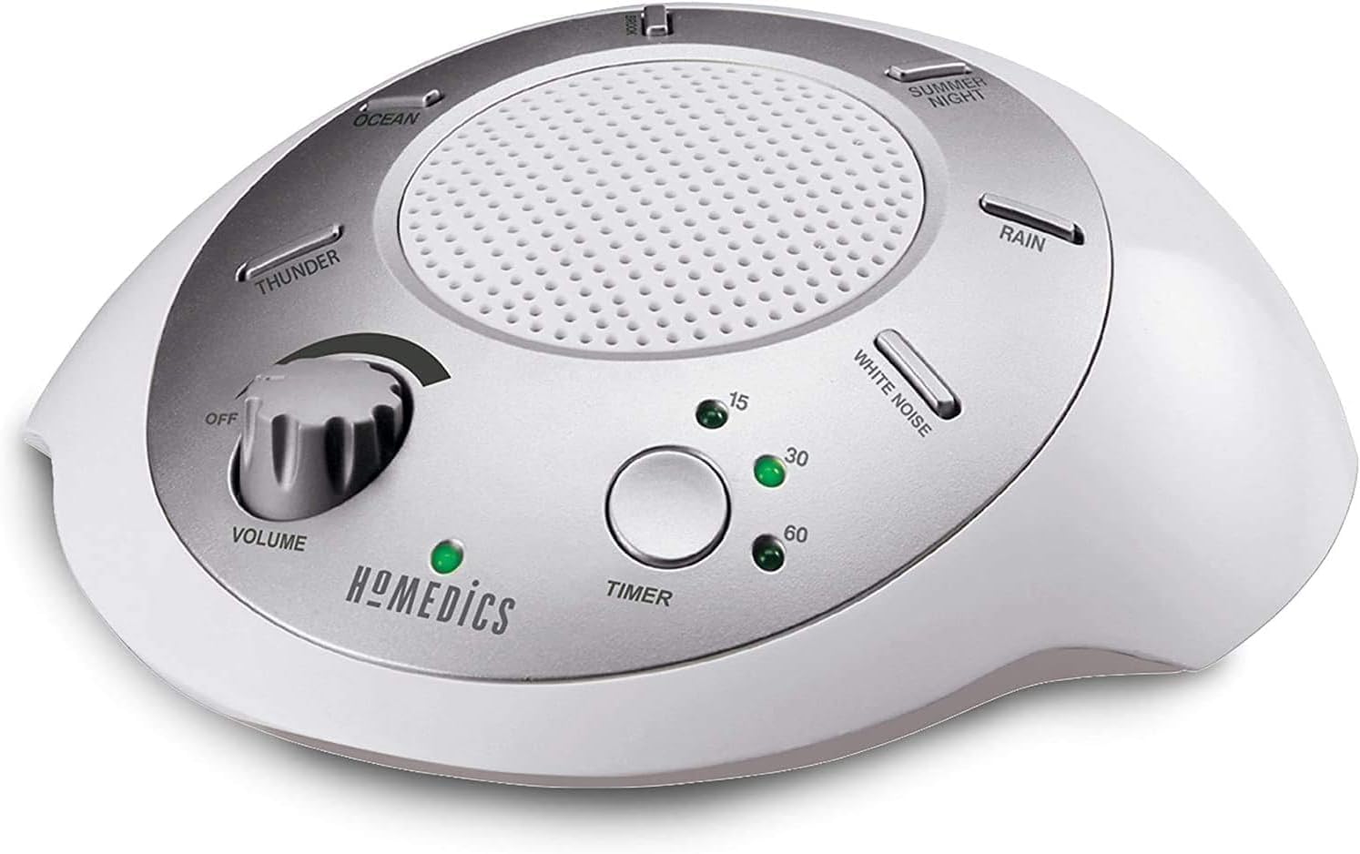 Homedics SoundSleep White Noise Sound Machine, Silver — Small Travel Size with 6 Relaxing Nature Sounds