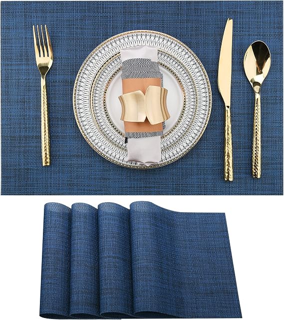 SLKQG Navy Blue Placemats Set of 4 - Easy Clean Washable Vinyl Placemats - Wipeable Heat Resistant Table Mats for Dining Table - 17x12 Inch (Navy Blue, 4)