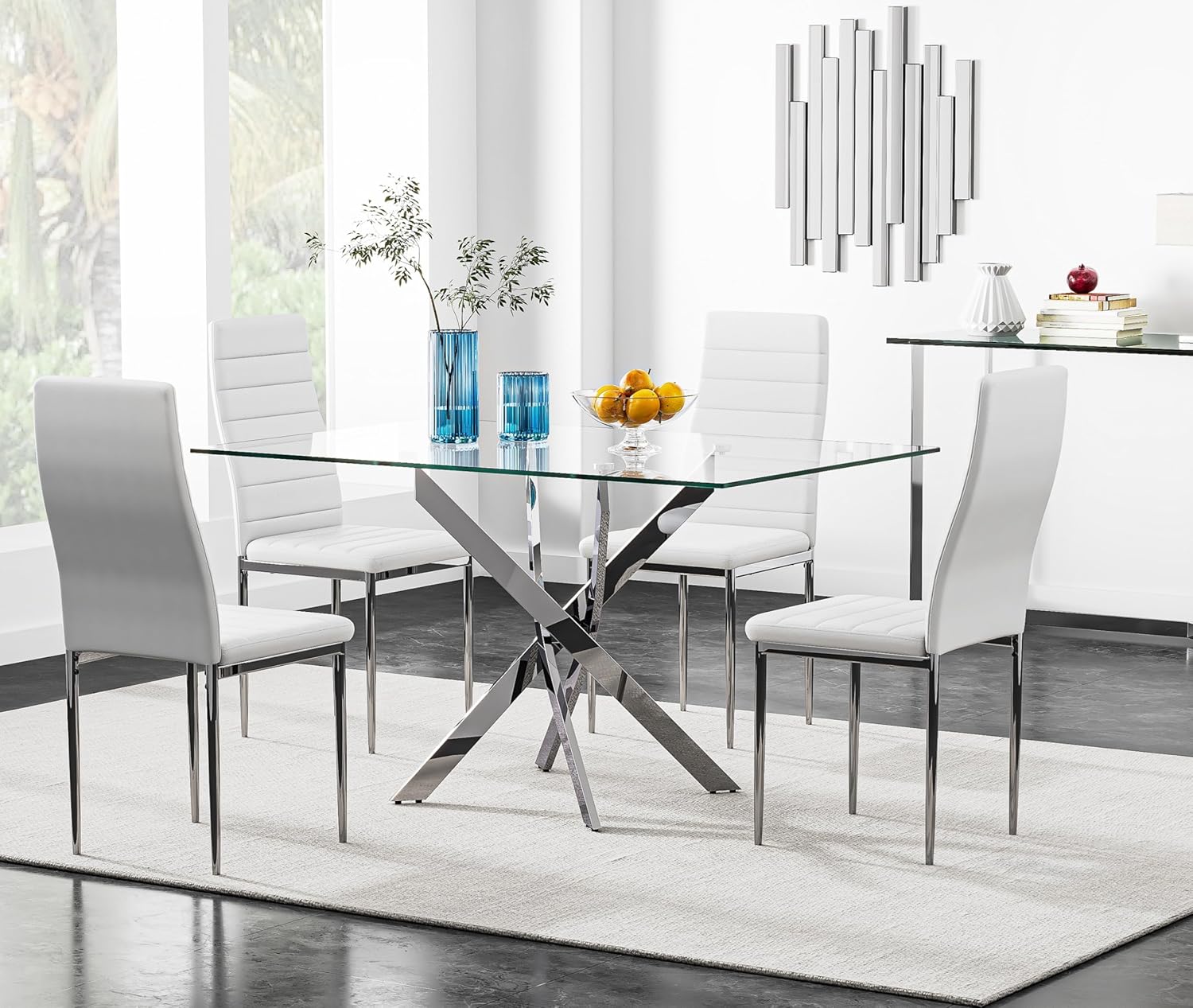 NIERN 5-Piece Glass Dining Table Set for 4, Tempered Glass Table with 4 Upholstered Chairs (Silver & White)