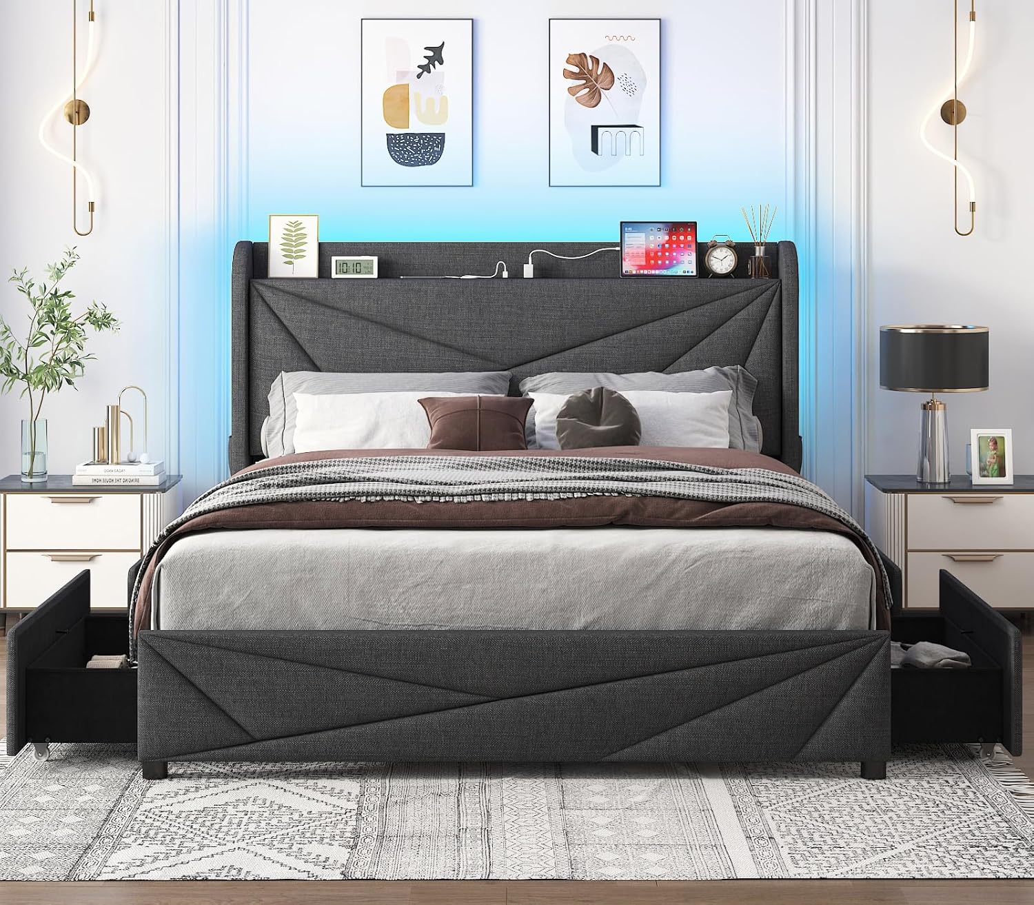 Otevehde Upholstered Full Bed Frame with 4 Storage Drawers, Charging Station, Tall Headboard and LED Lights, Dark Grey