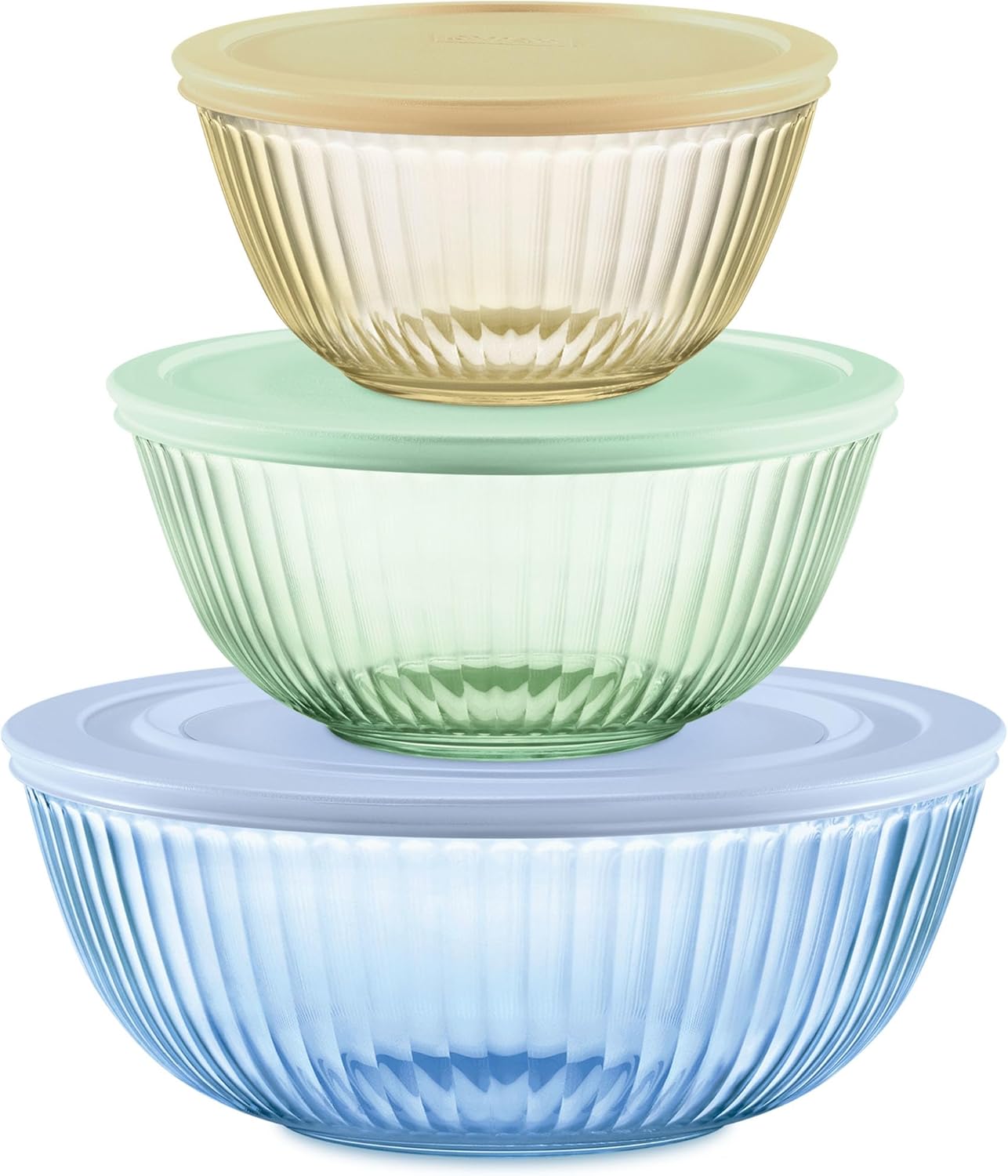 Pyrex Colors Tinted 3-Pack Sculpted Glass Mixing Bowls — 1.3, 2.3 & 4.5 QT Nesting Set with Lids