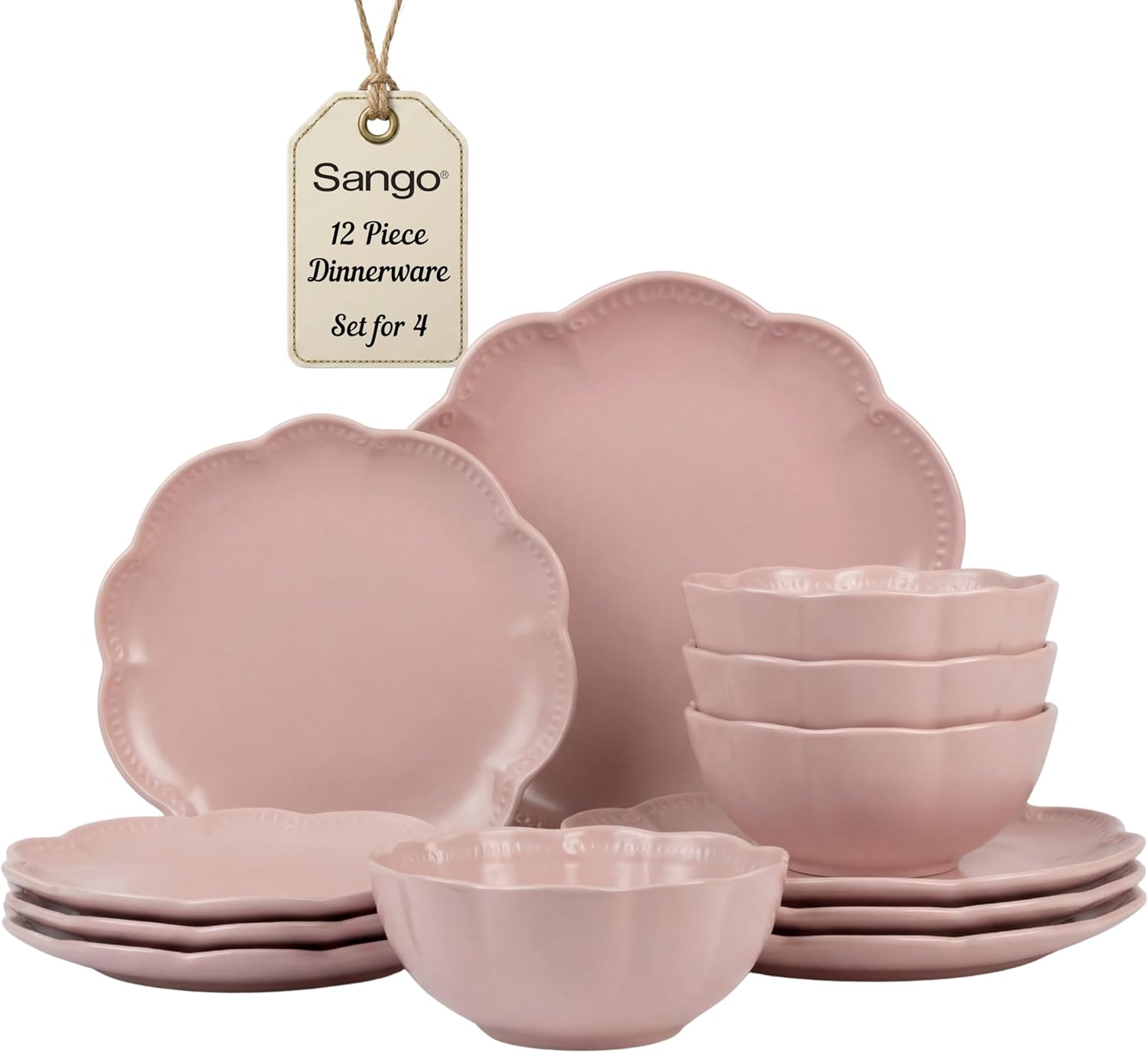 Sango 12 Pieces Scalloped Dinnerware Set, Modern Pink Dishes for 4, Premium Serving Plates & Bowls Sets, Chip Resistant, Blush Ceramic Dishware, Kitchen Dish, Microwave & Dishwasher Safe, Bethany