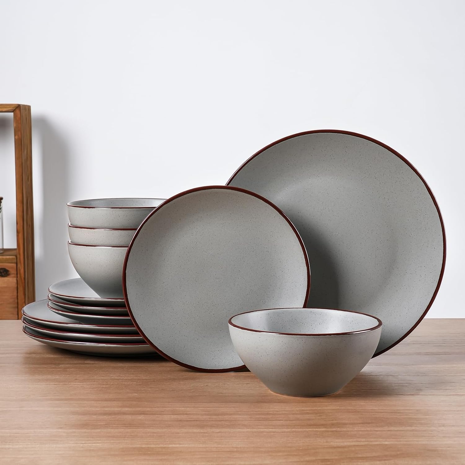 Famiware Venus Plates and Bowls Sets with Trim, 12 Pieces Speckled Stoneware Dishes Dinnerware Set for 4,…