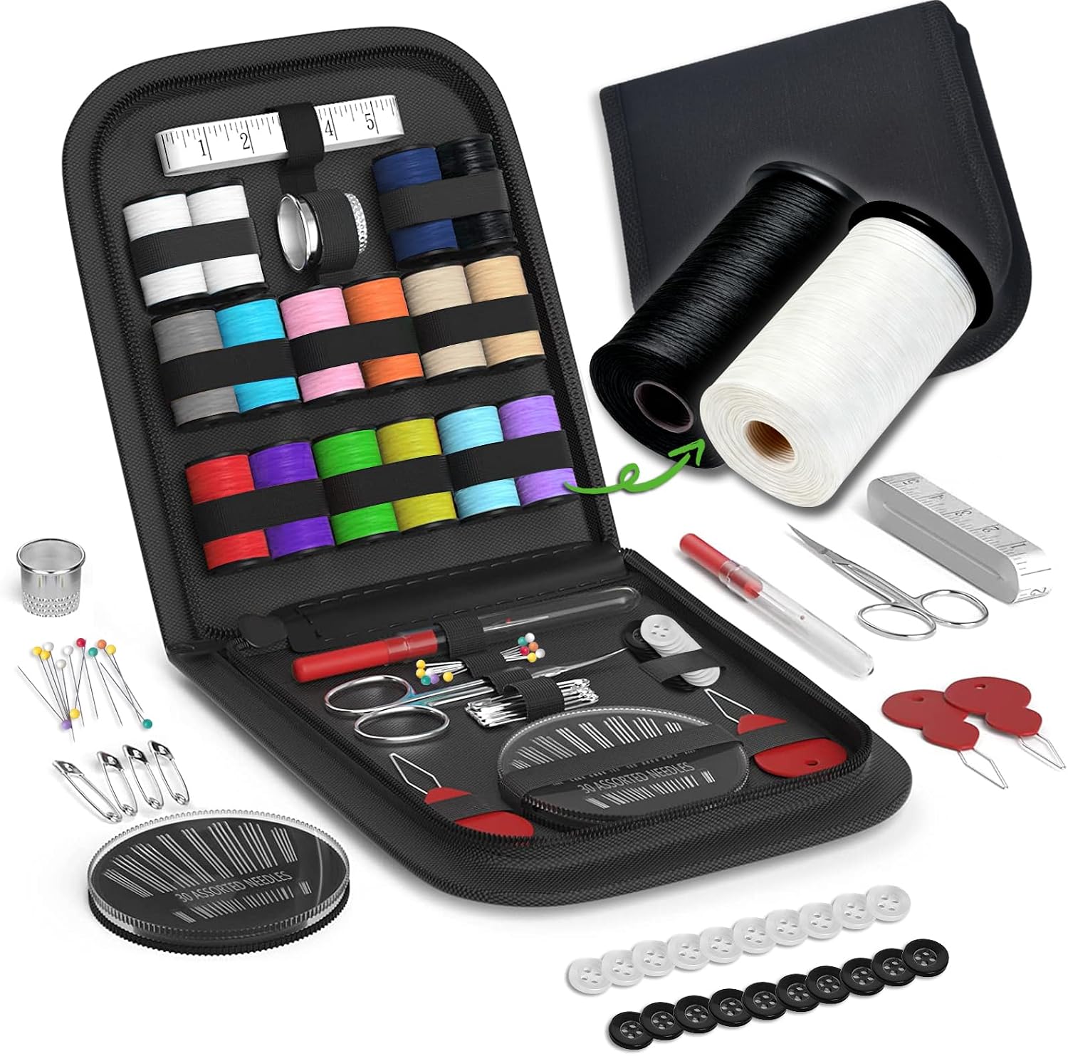 Sewing Kit with Scissors, Needles, Thimble, Thread and Tape Measure (Black, Small)