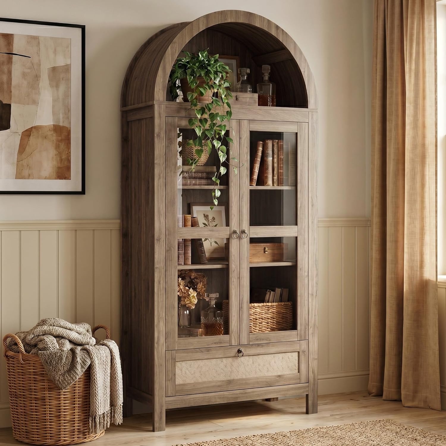 TYBOATLE 71" Arched Pantry Cabinet with Glass Door for Kitchen & Dining Room