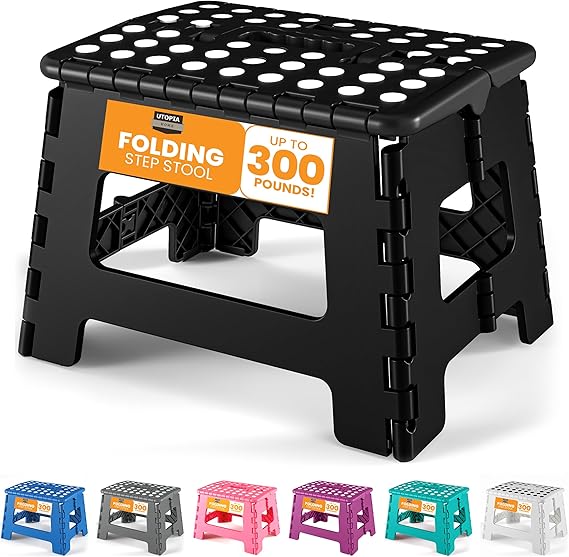 Utopia Home Folding Step Stool 9 Inch, Anti-Slip, Black, 1-Pack | 9-inch foldable step stool with anti-slip surface, built-in handle, and 300 lbs support for safe home use.