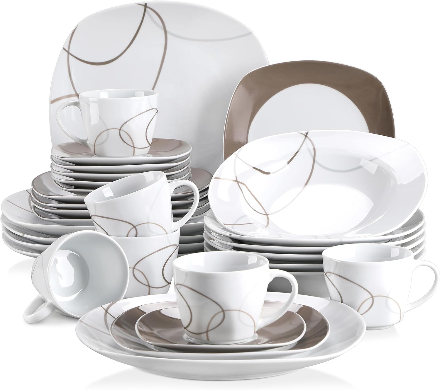 VEWEET 30 PCS Ceramic Dinnerware Sets for 6, White and Brown Dishes Set | Porcelain Dinner Set Including Dessert Plates, Soup Plates, Dinner Plates, Cups & Saucers, Microwave & Dishwasher Safe